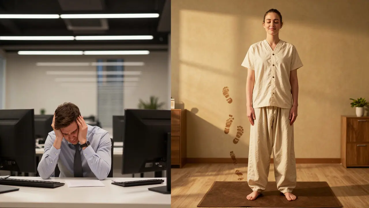 Before and after contrast of a stressed worker transformed by Thai massage into a relaxed, upright posture.