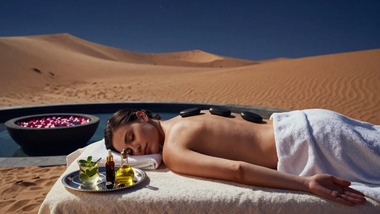 Client receiving a desert spa massage under the stars with hot stones and rose petals nearby.