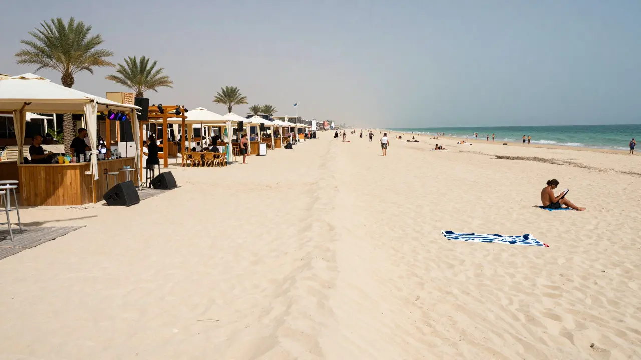 Contrasting scene: a lively beach club on one side, a quiet public beach on the other, symbolizing luxury versus simplicity.