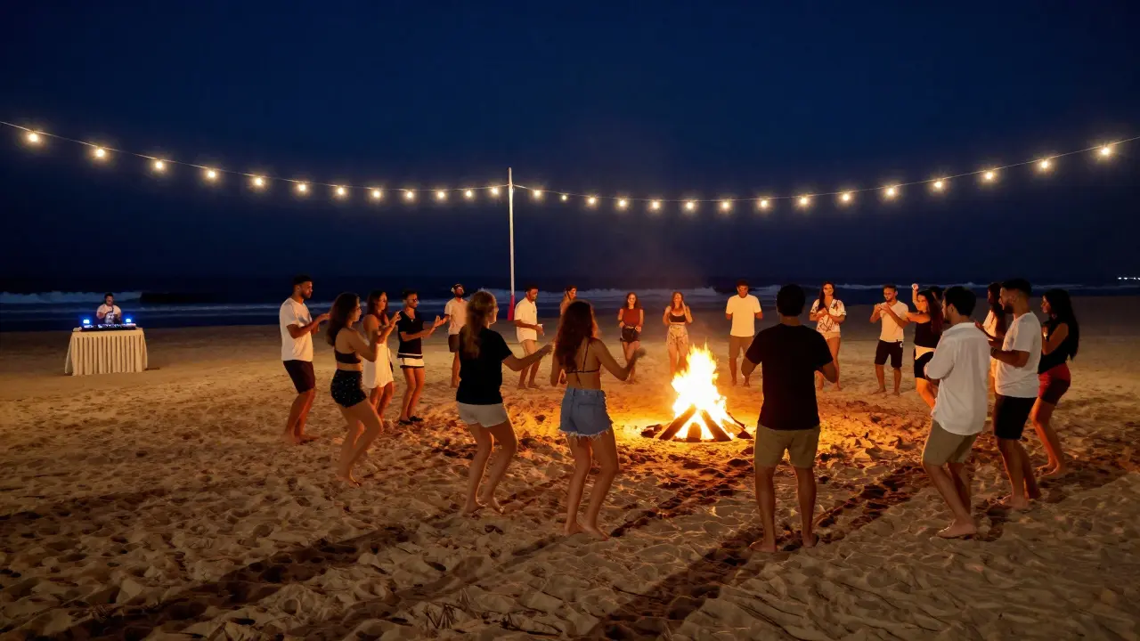Crowd dancing barefoot on Jumeirah Beach at night around bonfires with string lights and ocean waves.