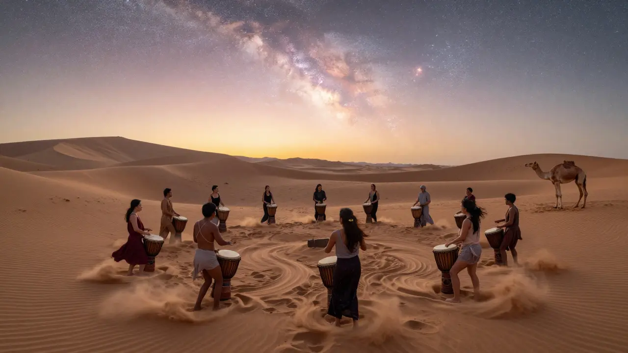 Dancers in a desert at sunrise surrounded by drums and a camel, sand swirling around them as the sky turns gold.