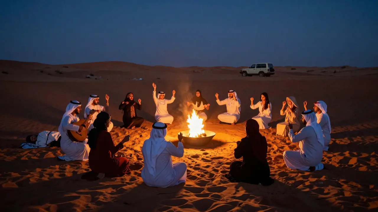 Desert after party at dawn with fire pits, live oud music, and silhouettes dancing under starry skies.