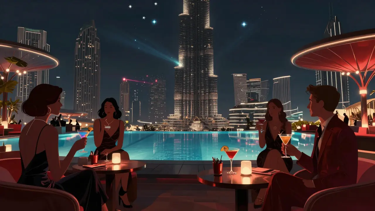 Elegant guests on a rooftop lounge beside an infinity pool with Burj Khalifa glowing in the background.