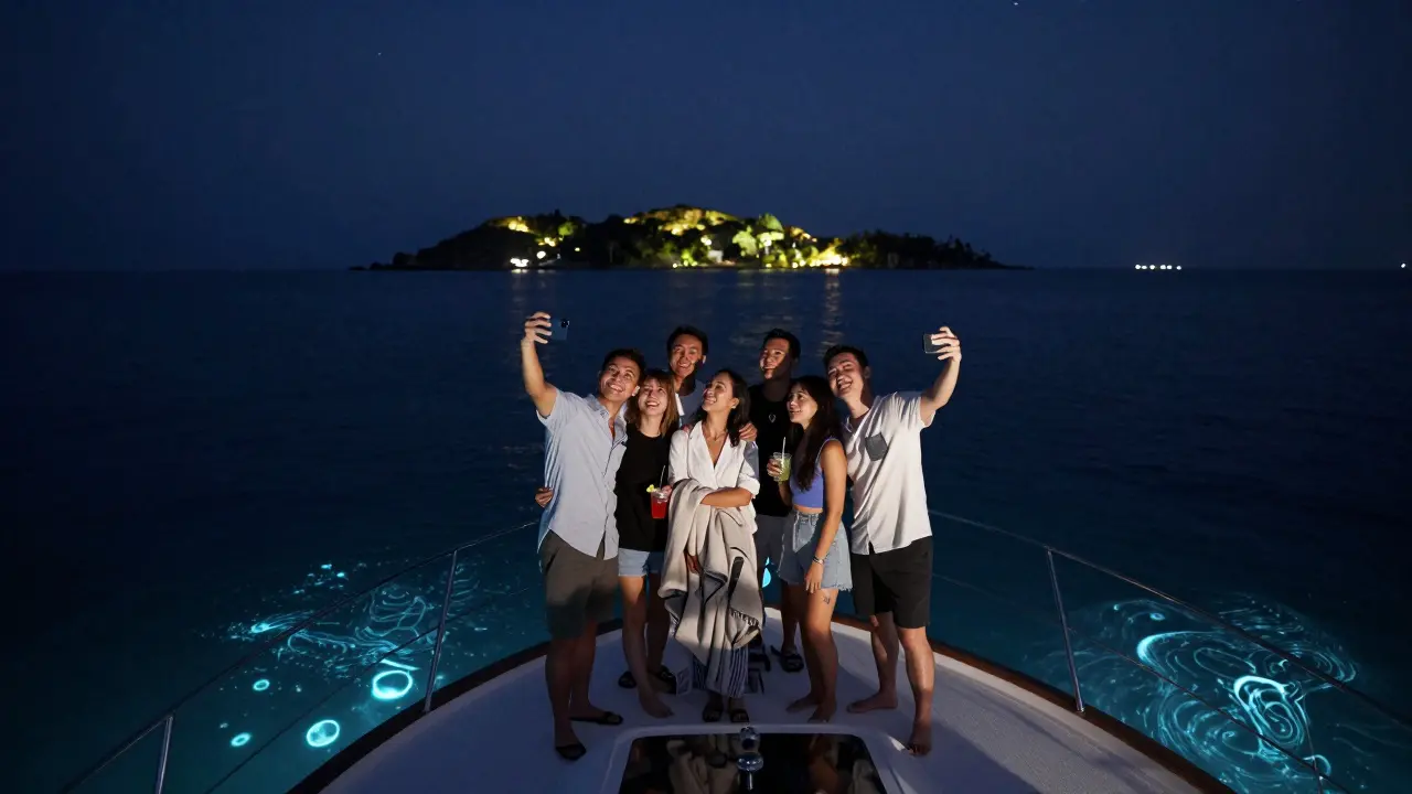 Friends take selfies on a yacht bow at midnight with illuminated islands and calm sea around them.