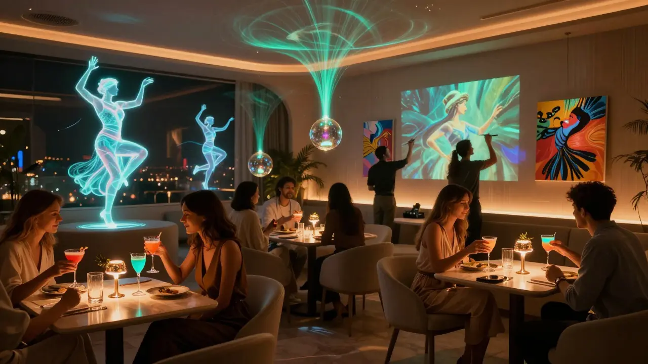 Futuristic dining space with holographic dancers and cocktails changing color to music.