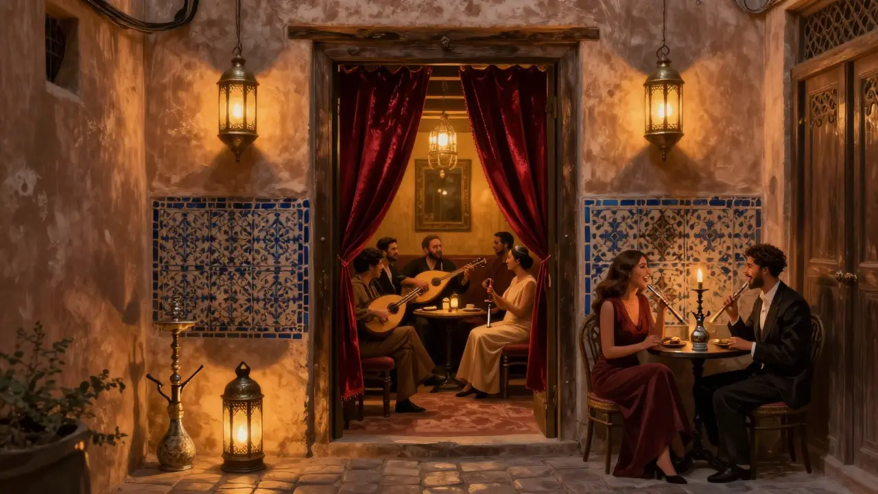 Hidden speakeasy in an old Dubai alley with lantern light, oud musicians, and patrons in elegant attire.