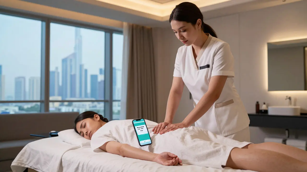 In-room massage in a Dubai hotel suite with city skyline view and therapist in uniform