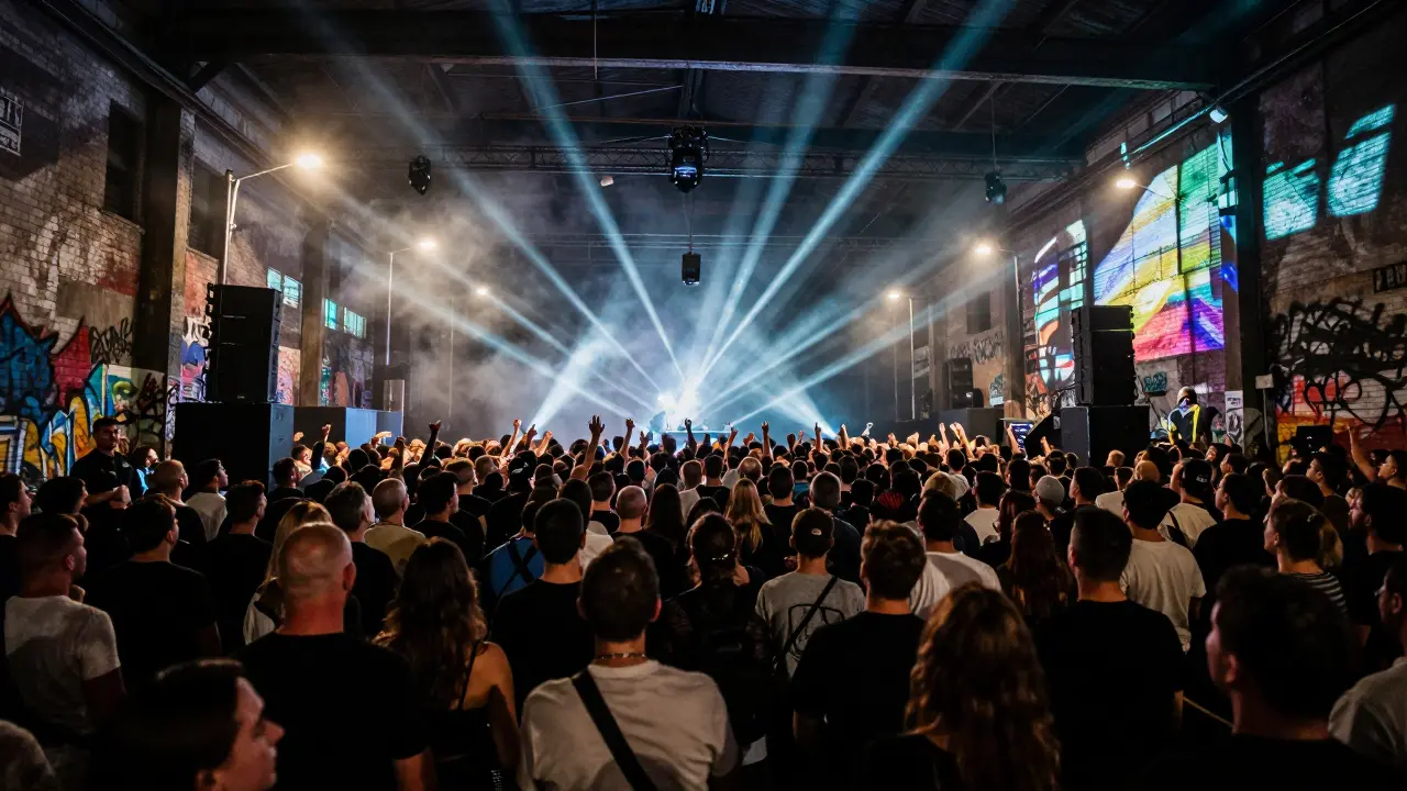 Massive crowd at an underground club during a surprise DJ set with glowing projections.