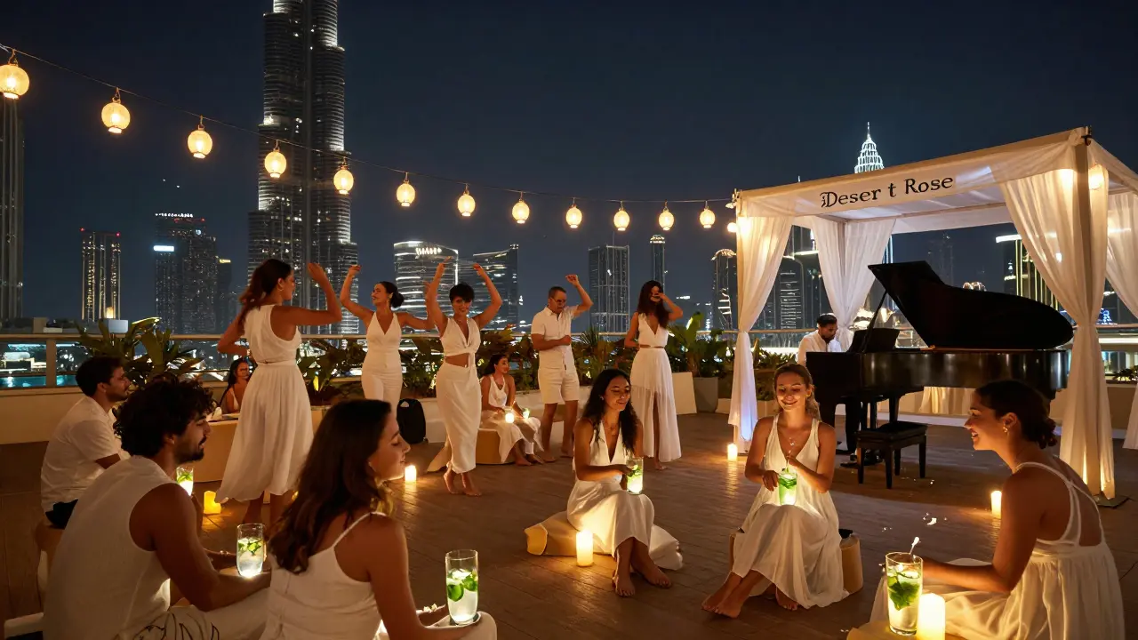 People dance and sit under glowing lanterns on a rooftop terrace with Burj Khalifa in the distance.