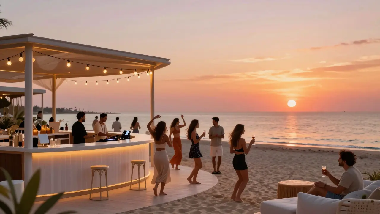People dancing softly at a Dubai beach club at sunset with string lights and a swim-up bar glowing in golden hour light.