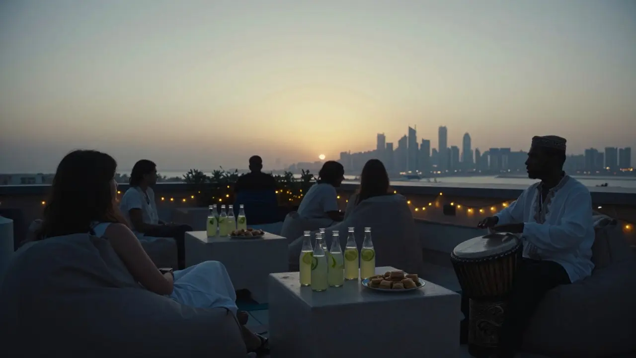 Rooftop gathering at sunrise with people lounging, homemade drinks, and Dubai skyline glowing in golden light.