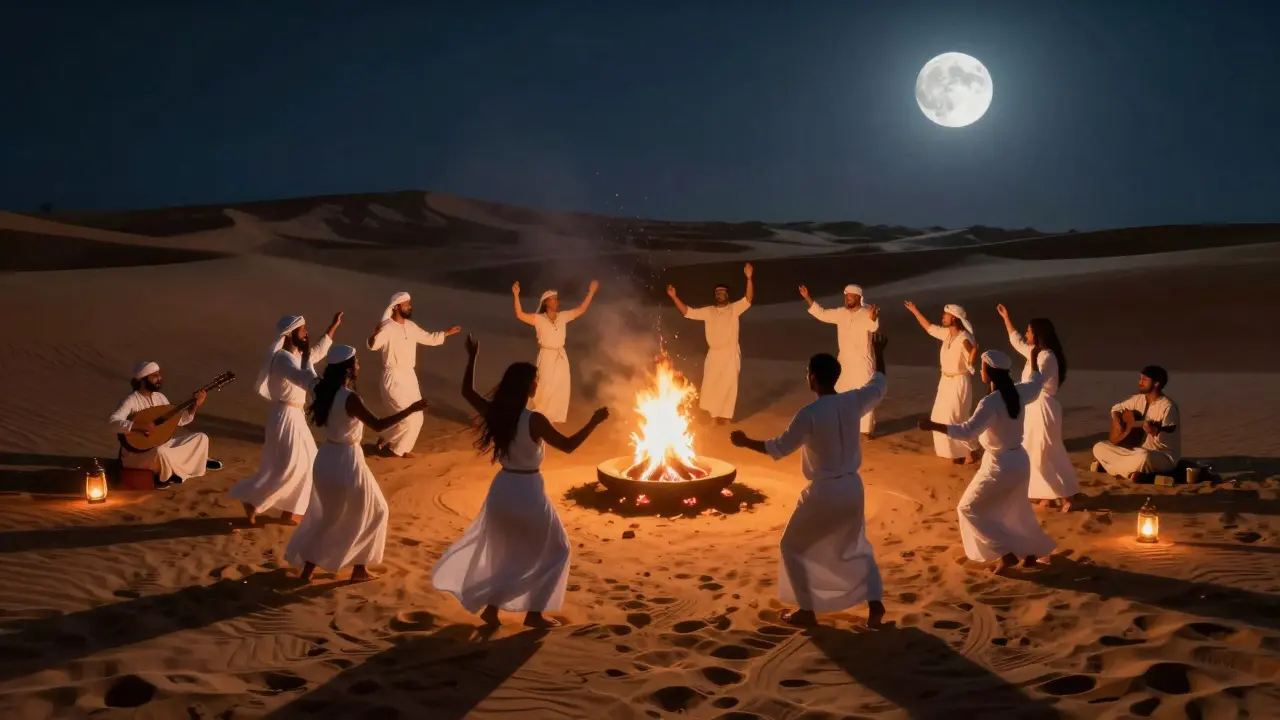 Silhouettes dancing around a fire pit in the desert at night, dressed in white, with oud players and lanterns glowing softly.
