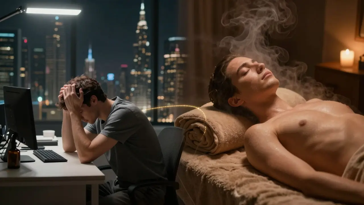 Split image contrasting office stress with spa calm, showing the transformation from tension to relaxation.