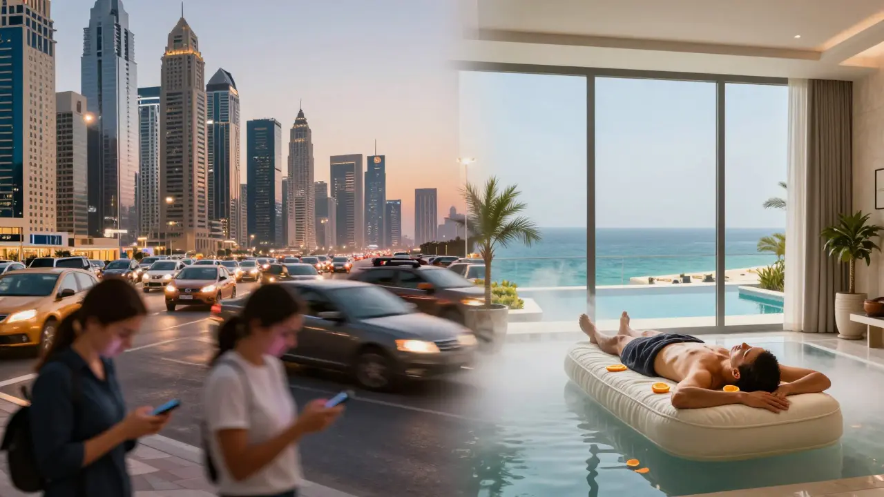 Split image: Dubai city stress on one side, peaceful ocean-view massage on the other.