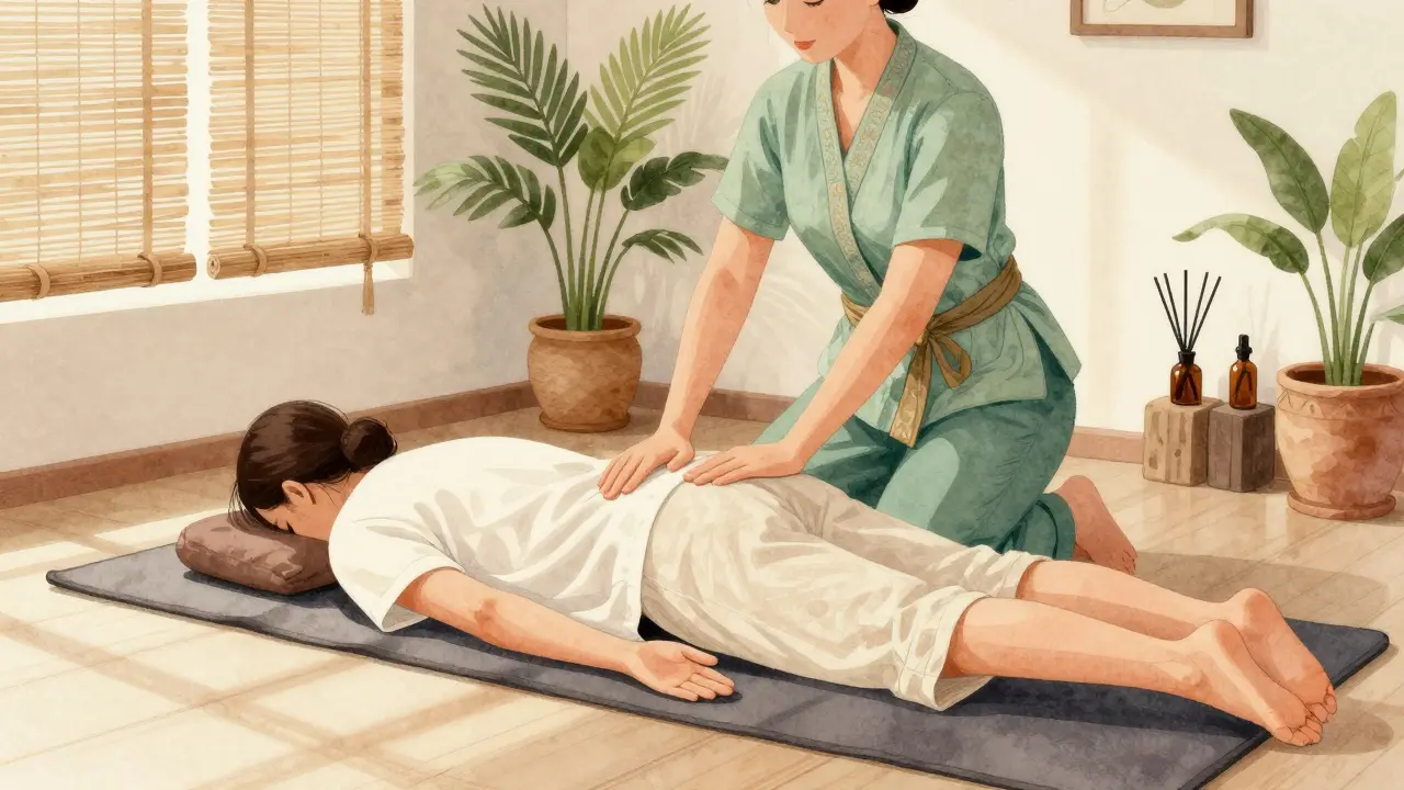 Thai massage session with therapist and client in loose clothing, sunlight through bamboo blinds.