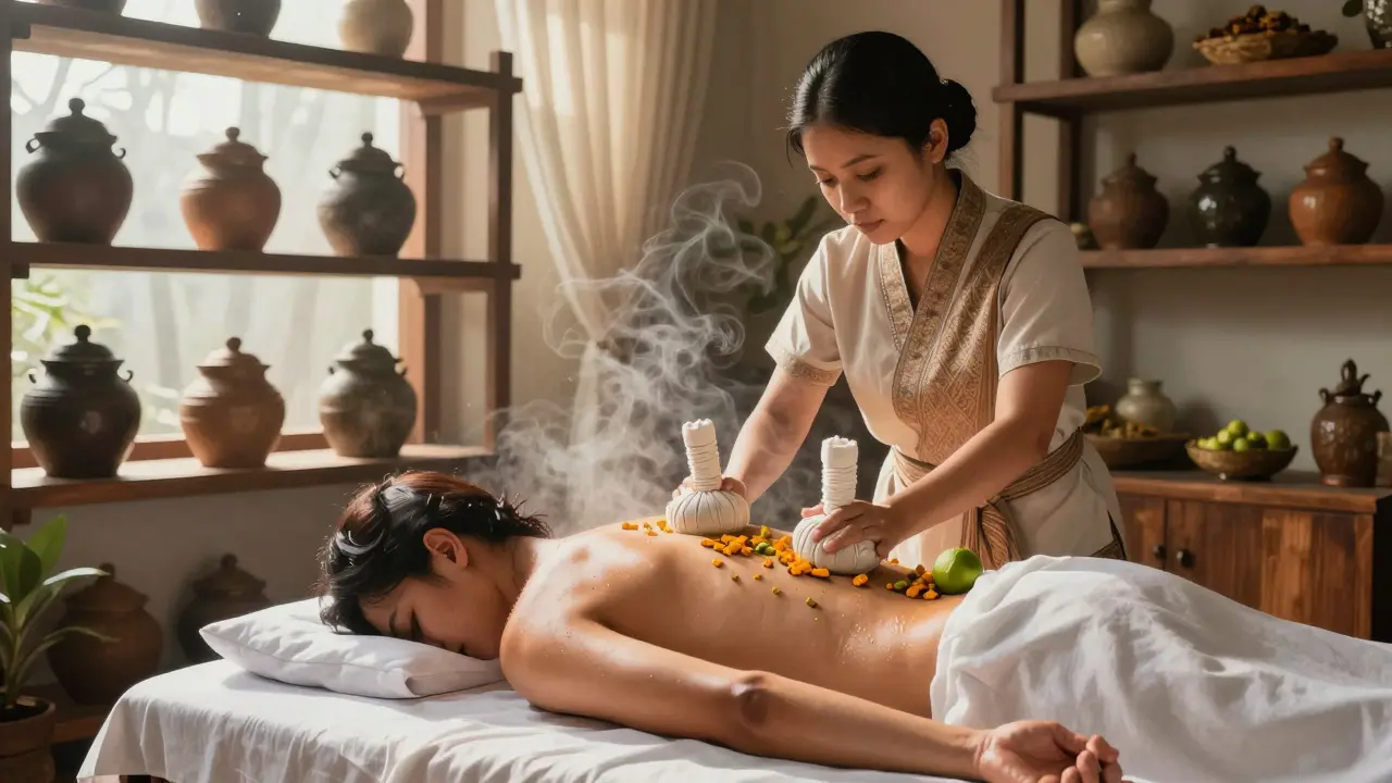 Therapist applying steamed herbal compress to a back during a traditional Thai massage in a quiet studio.