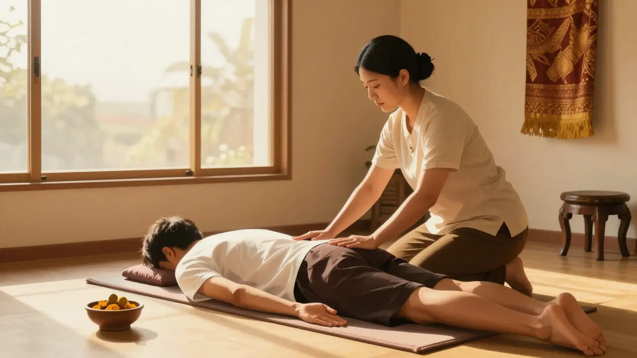 Therapist gently stretching a client's leg behind their head during an authentic Thai massage session.