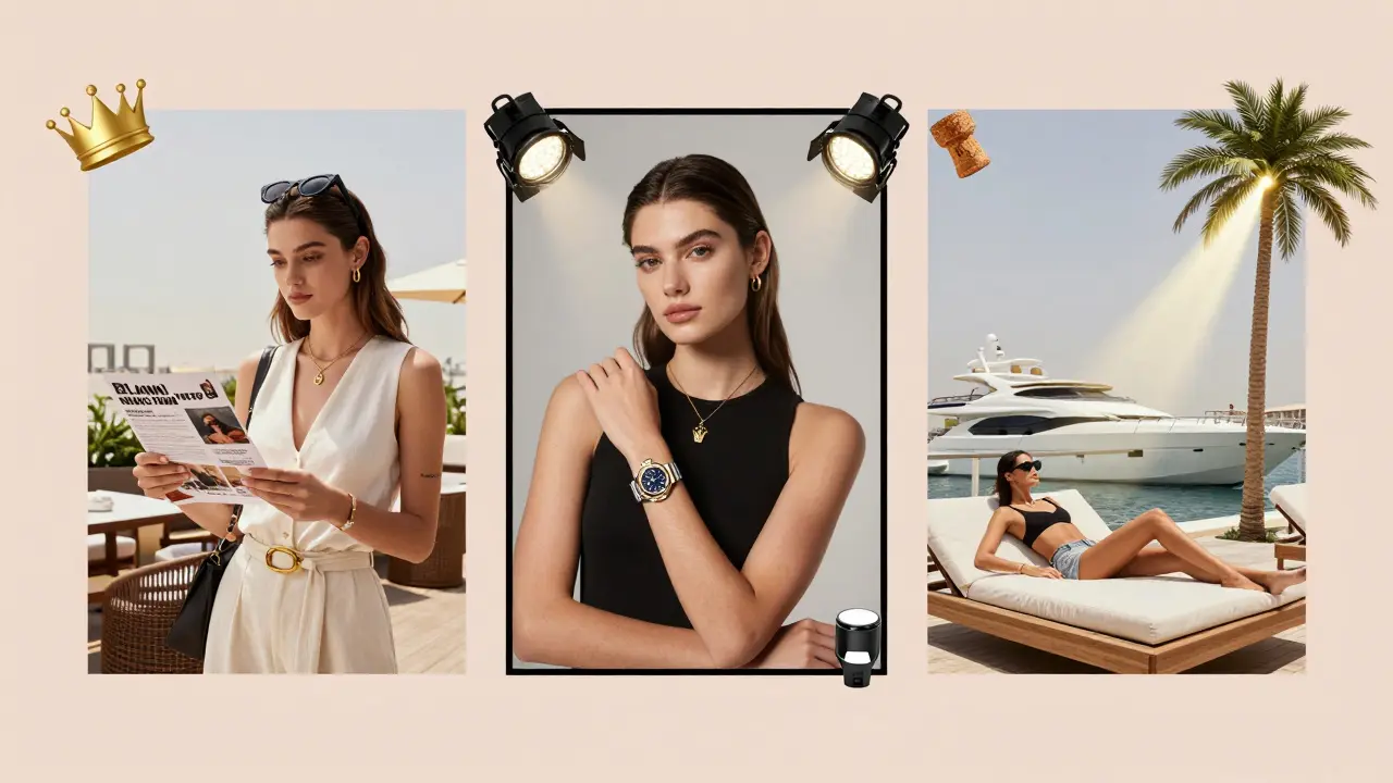 Three types of Dubai models depicted together: event, ambassador, and beach model, bathed in golden light.