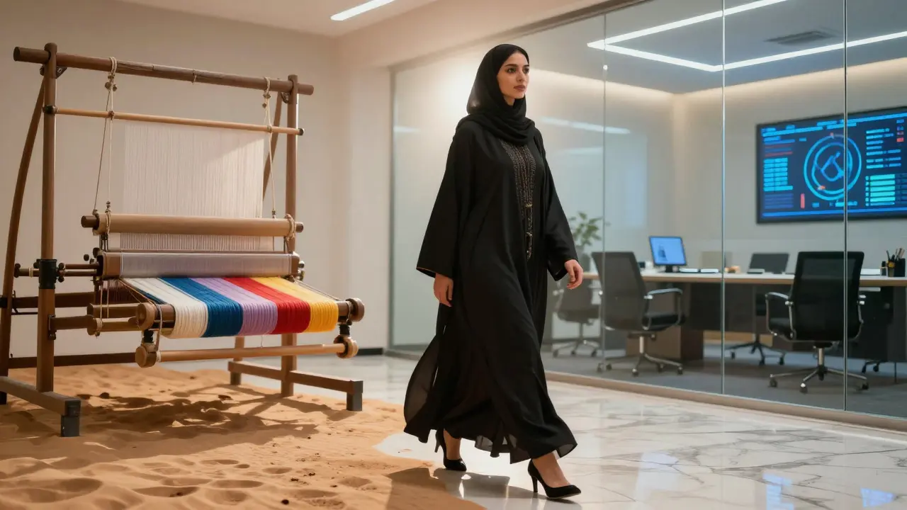 Woman walking between traditional weaving and tech boardroom, symbolizing heritage and innovation.