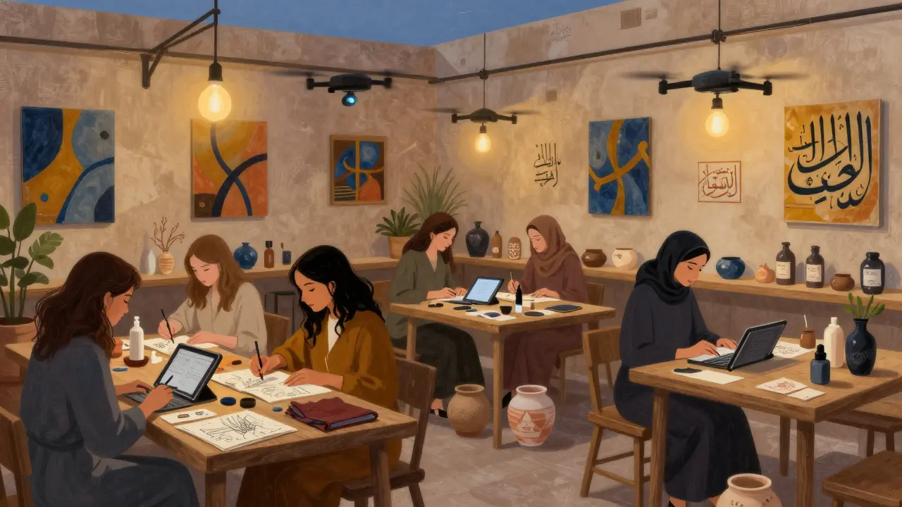 Women creating handmade crafts and digital art in Alserkal Avenue's industrial space.