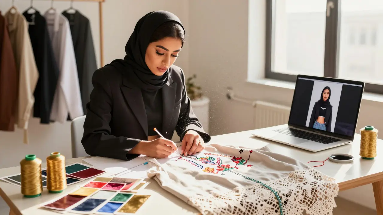 Young Emirati designer hand-stitching embroidered streetwear in a sunlit studio.