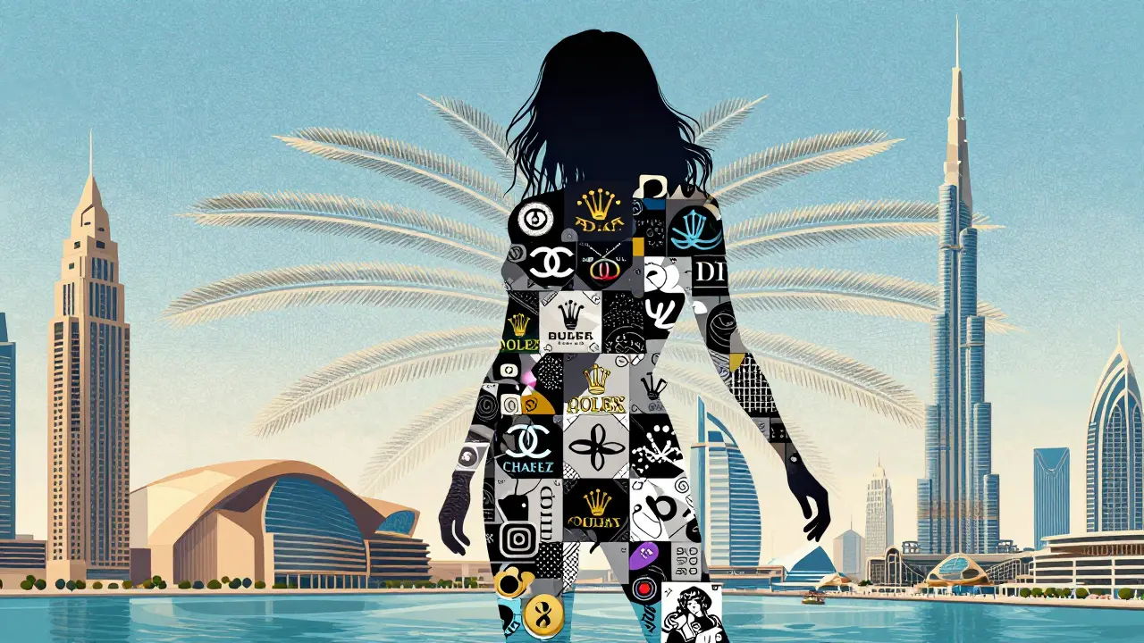 A model's form merges with luxury brands and digital icons, symbolizing Dubai’s fusion of fashion, influence, and identity.