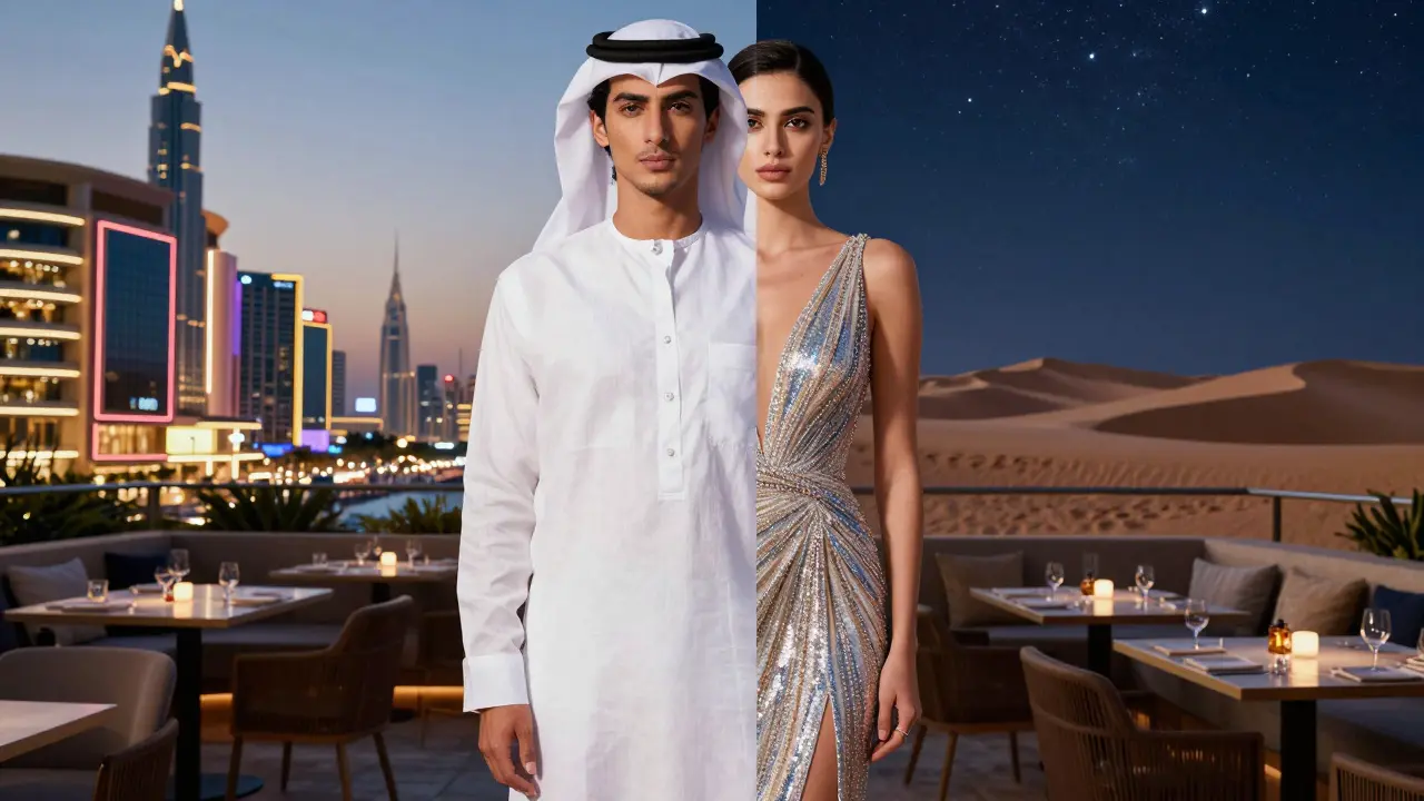A model split between day and night styles, symbolizing Dubai’s fusion of commerce and culture.