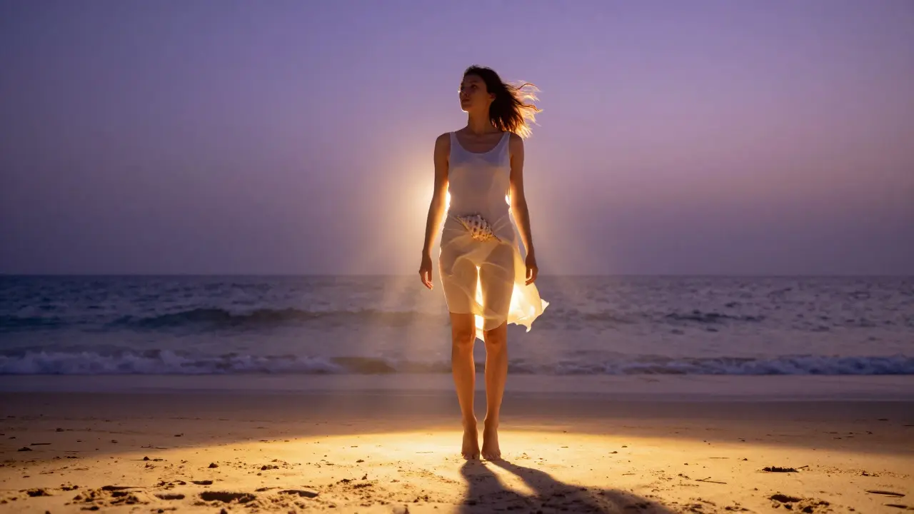 A person standing on a Dubai beach at twilight, their form faintly glowing as if still floating above the sand.