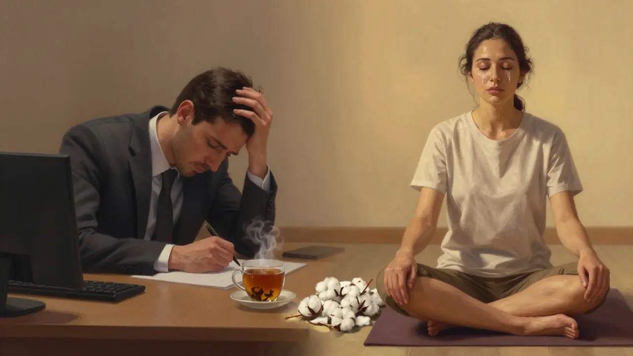 A person transformed from stress to peace after a Thai massage, with subtle visual contrast.