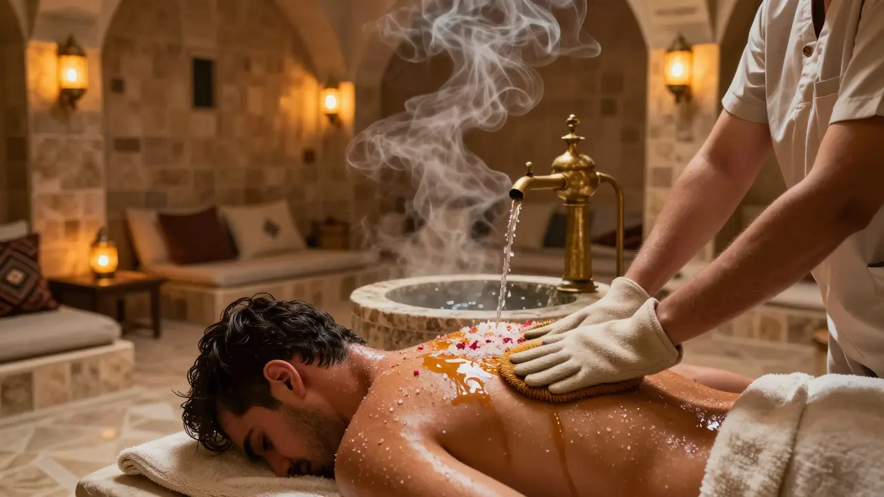 A person undergoing a traditional Arab hammam scrub in a steamy, lantern-lit tiled room.