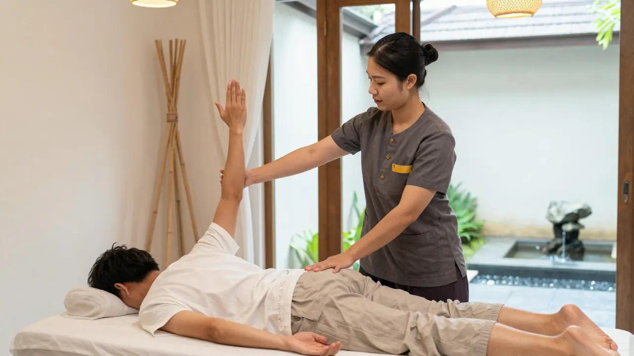A Thai massage therapist gently stretching a client in a peaceful studio with water features.