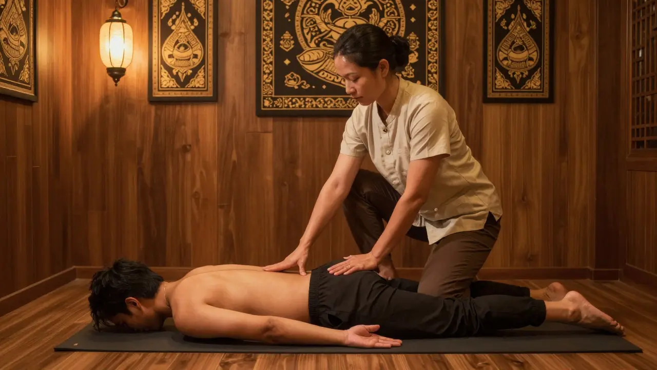 A Thai therapist uses their foot to stretch a client’s leg during an authentic floor-based massage in Bur Dubai, with warm ambient lighting.