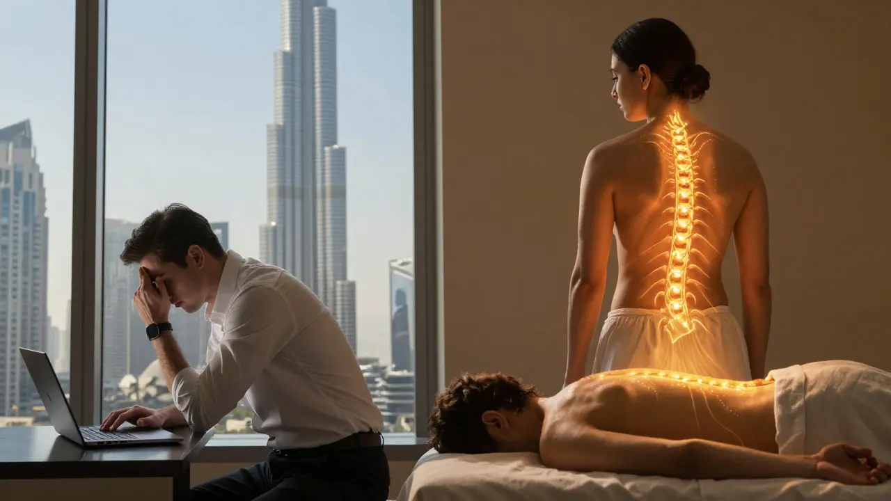 Before and after contrast: stressed office worker vs. relaxed person after Thai massage, glowing energy lines symbolizing restored body alignment.