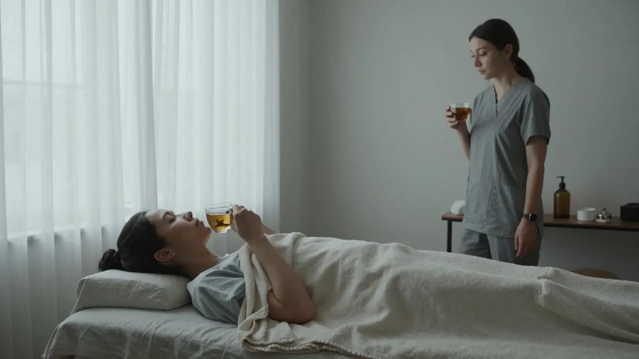 Client resting wrapped in blanket, sipping tea in quiet spa room with soft morning light streaming through curtains.