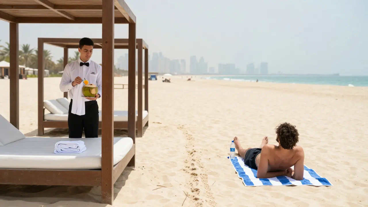 Contrast between a private beach club cabana with service and a simple public beach visitor.