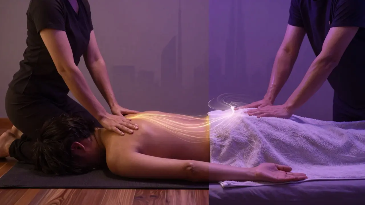 Contrast between traditional Thai massage on a floor mat and Swedish massage on a table, symbolizing restoration versus relaxation in Dubai.