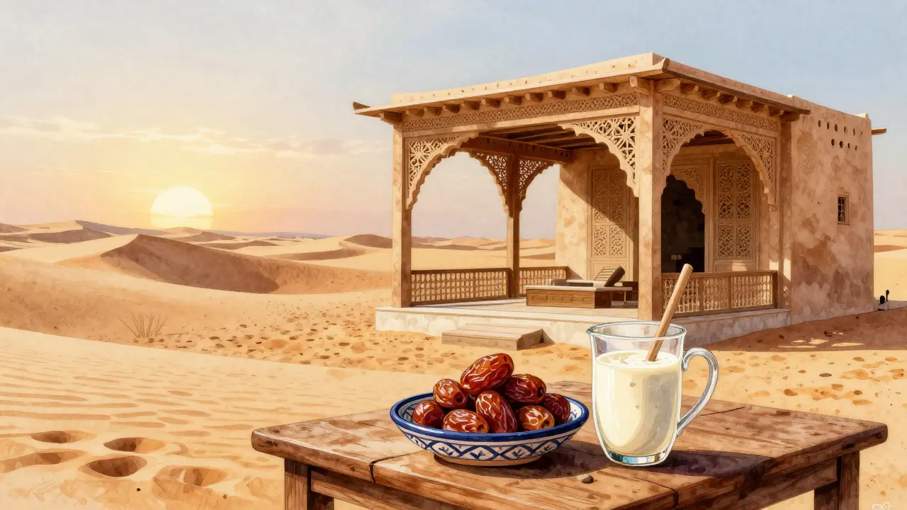 Desert spa pavilion with dates and camel milk in traditional setting.