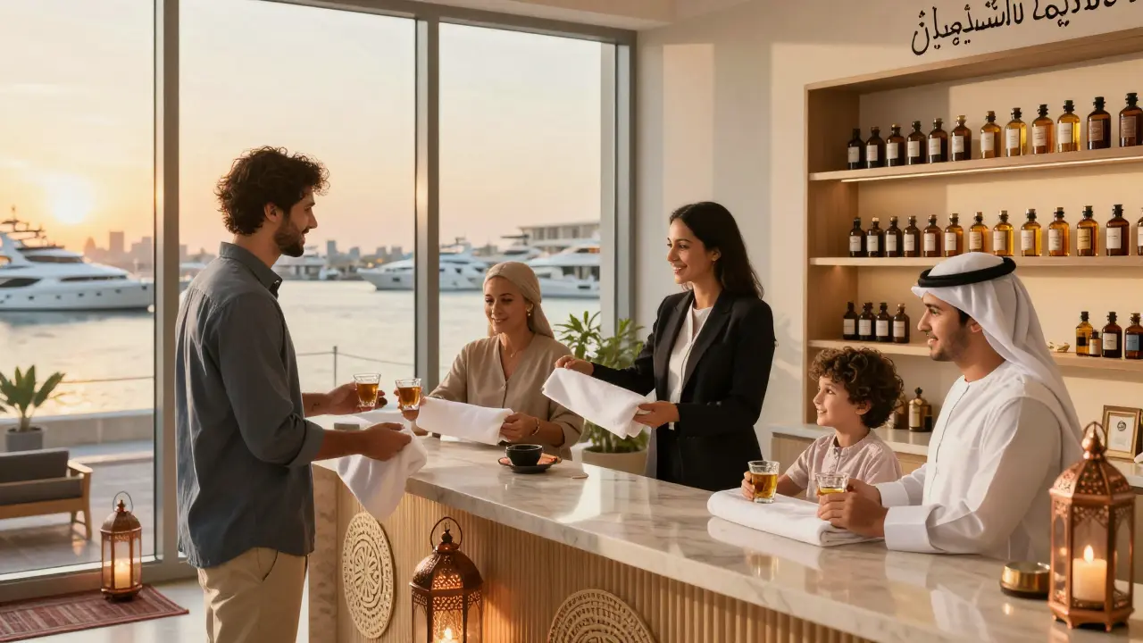 Diverse guests enjoying herbal tea and towels at a luxurious Dubai Marina spa reception.