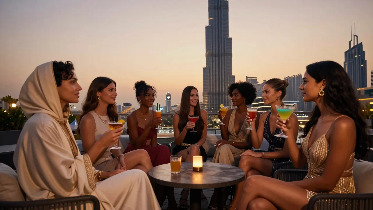 Diverse models socialize at a Dubai rooftop lounge as the city glows behind them, blending fashion and urban energy.