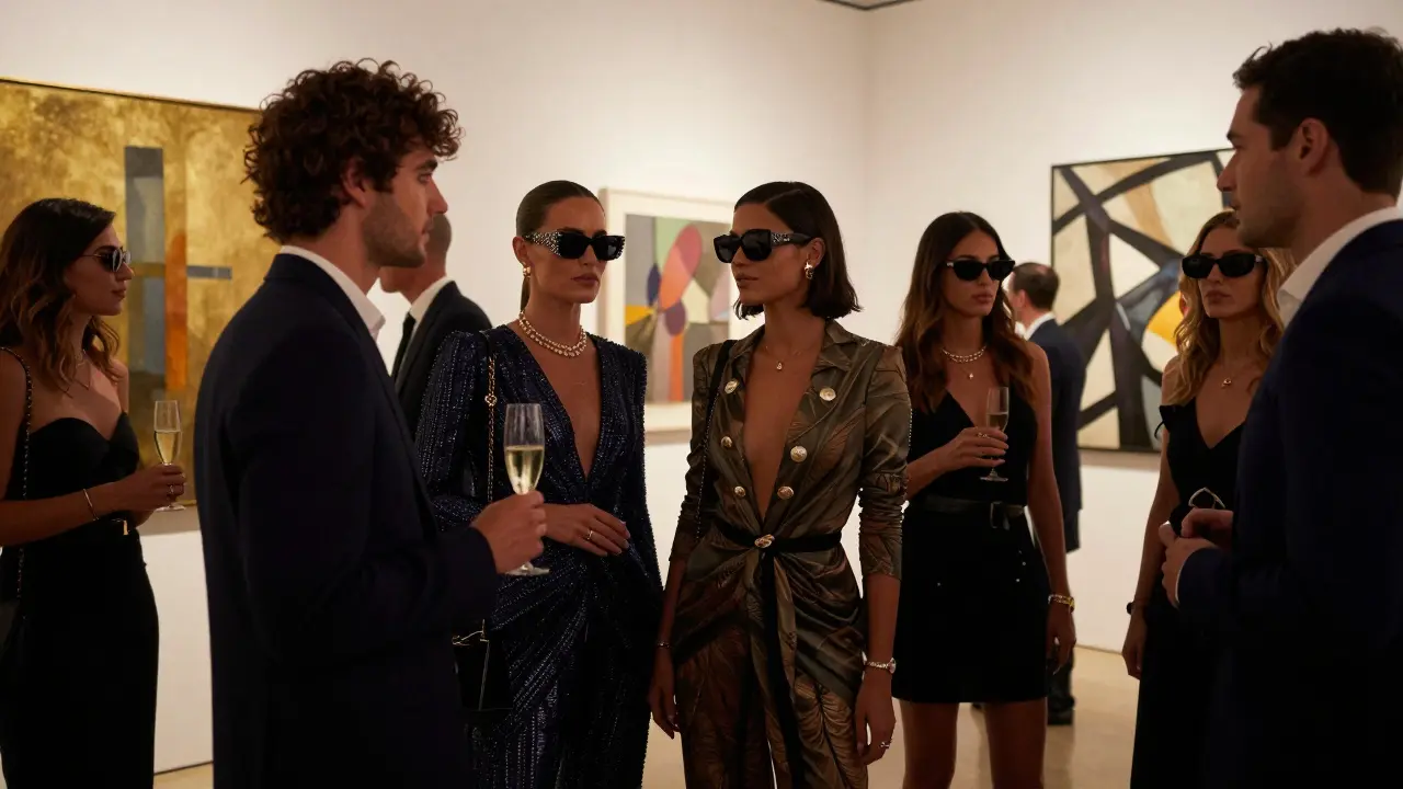 Dubai models at Art Dubai gallery opening, wearing avant-garde fashion amid art and elite guests.