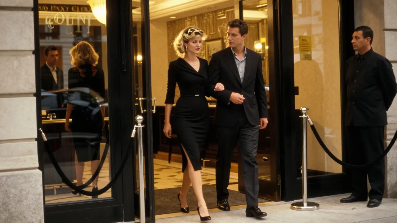 Elegantly dressed couple entering Cavalli Club past velvet ropes, golden ambient lighting surrounding them.