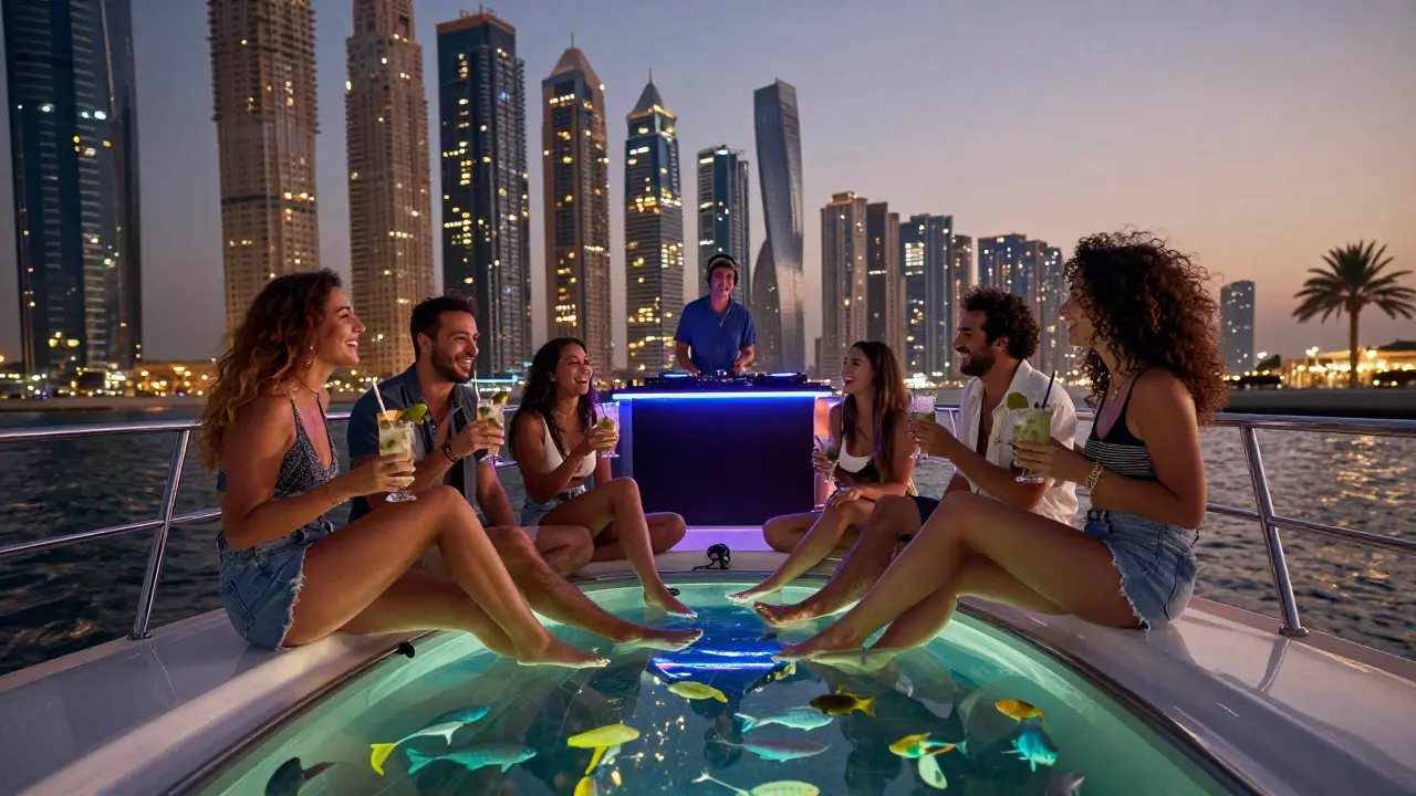 Friends enjoying drinks on a yacht's glass-bottom deck while watching fish swim beneath them under city lights.