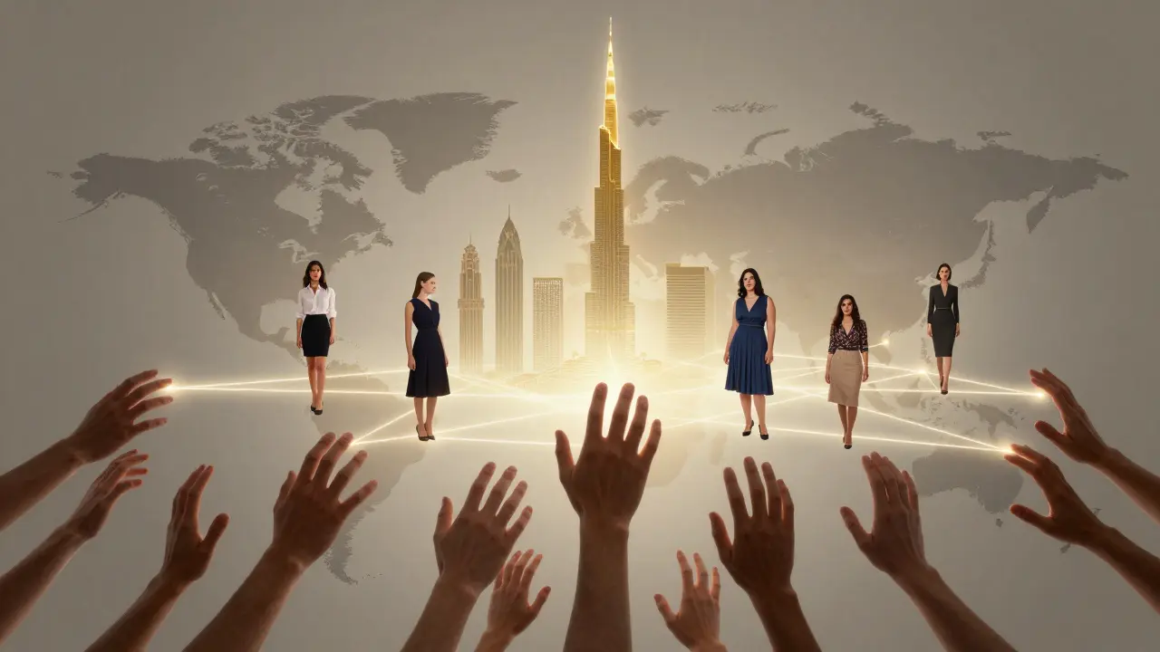 Global network of hands connecting to Dubai skyline with model silhouettes emerging from light paths.