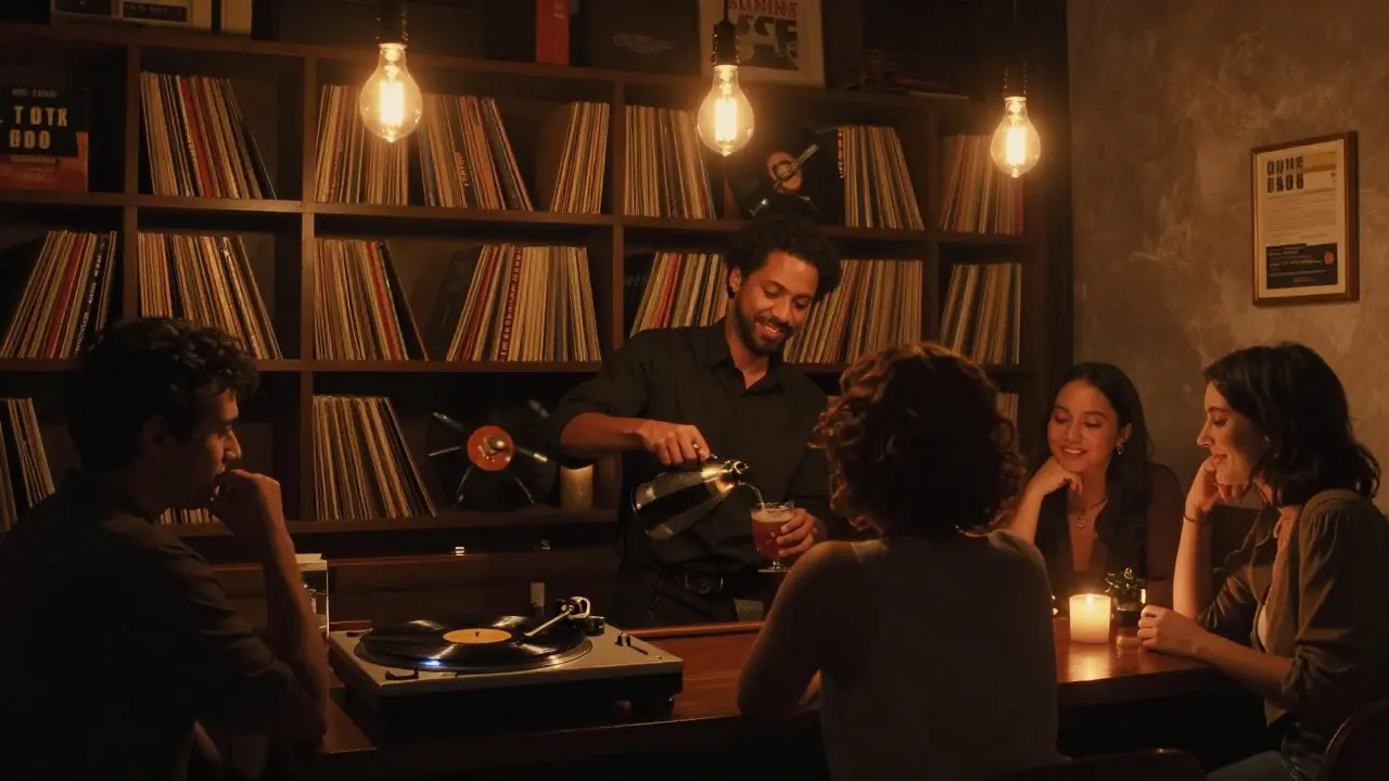Hidden jazz lounge behind a bookshelf with warm lighting, people swaying to vinyl music in quiet intimacy.