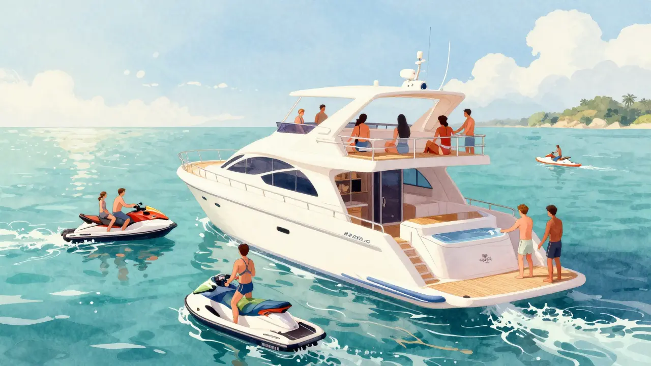 Jet skis and paddleboards on yacht swim platform with crew assisting.