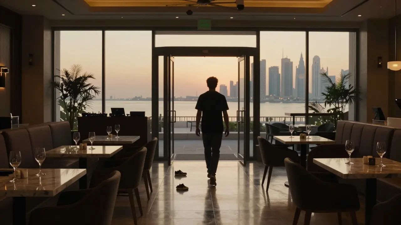 Lone figure walking away from a hotel after party at dawn, empty glasses and sneakers left behind.