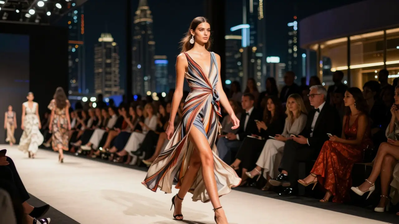 Model on runway at Dubai Fashion Week with city skyline