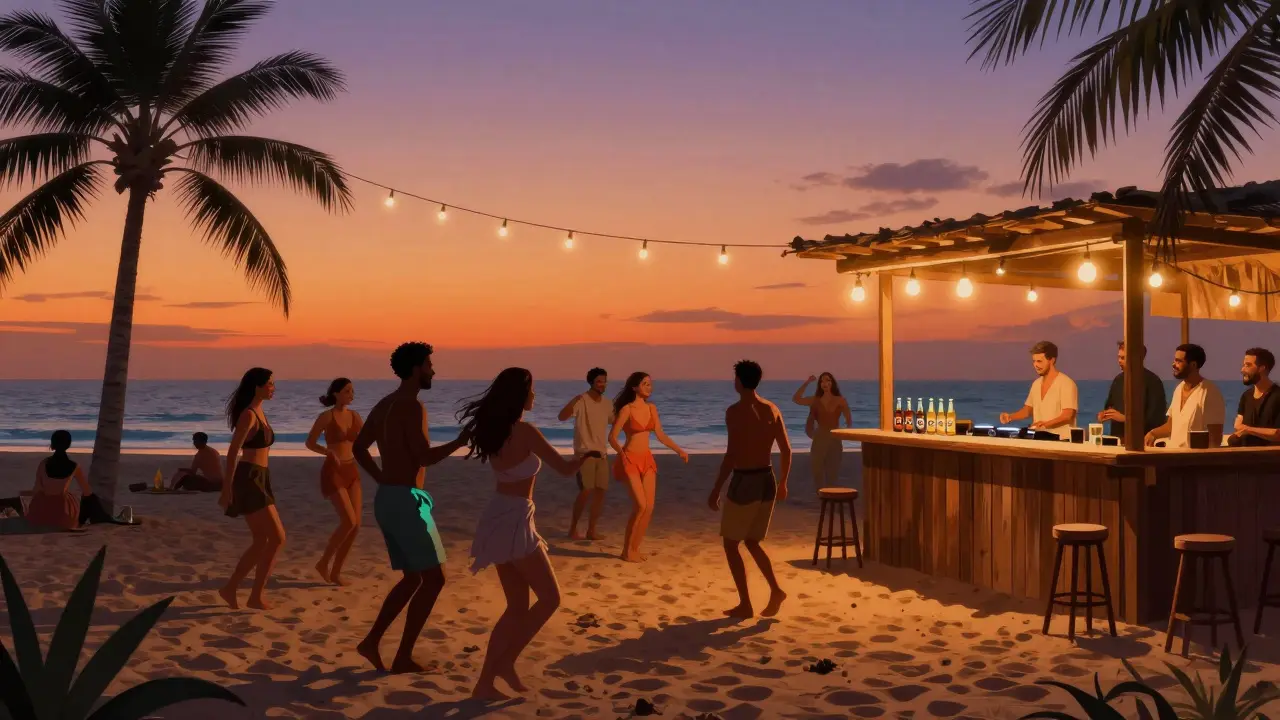 People dancing barefoot on a beach at sunset in JBR, beer in hand, string lights above, ocean breeze and deep house music in the air.