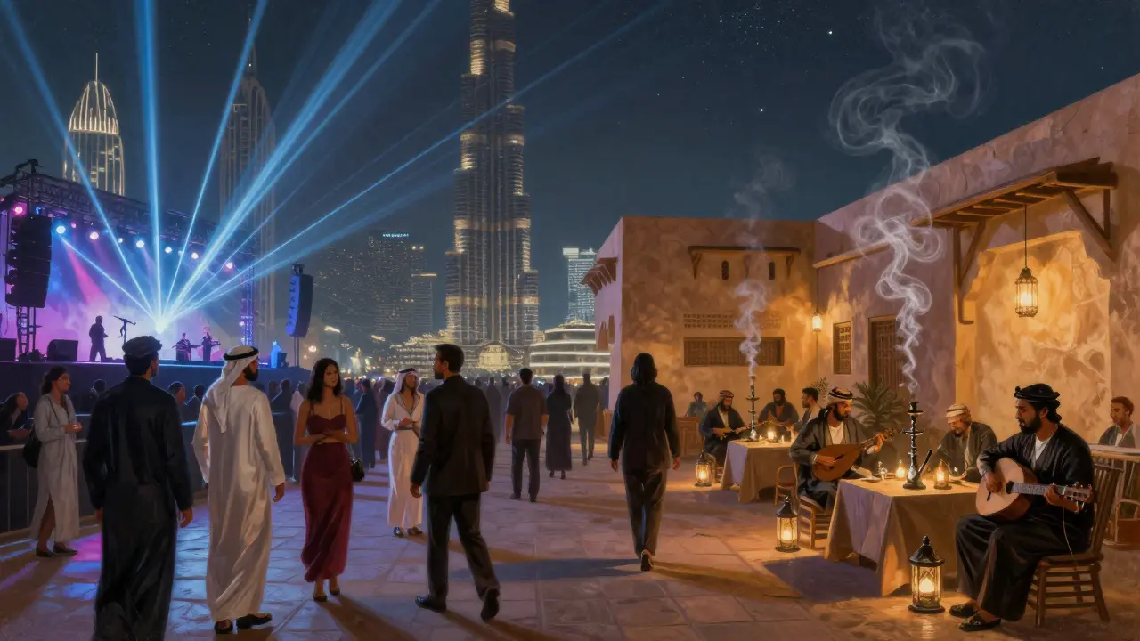 Split view of Dubai’s nightlife: high-energy club on one side, tranquil Arabic courtyard on the other, symbolizing contrasting yet coexisting freedoms.