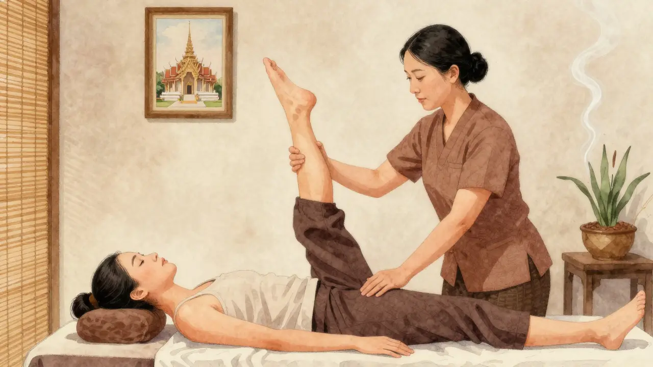 Therapist gently stretching a client's leg during a Thai massage in Dubai, with Thai temple artwork visible in background, soft watercolor style.